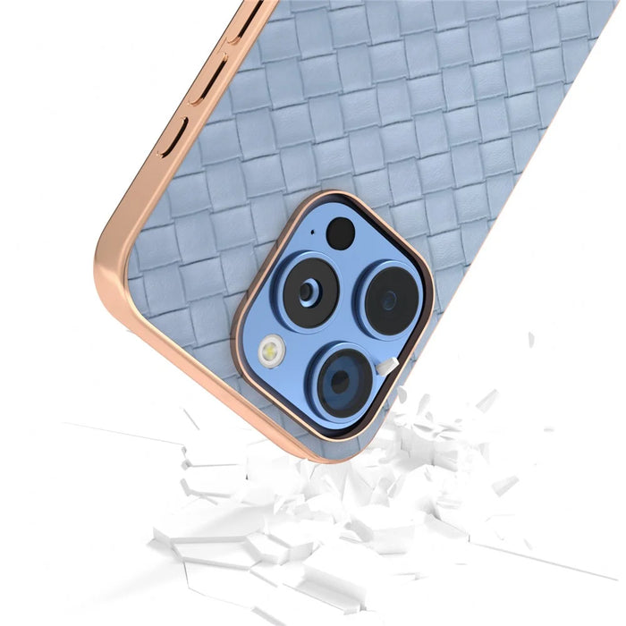 For iPhone 16 Pro Max Case Woven Texture Electroplating Edge Leather Coated PC+TPU Phone Cover - Baby Blue - 4