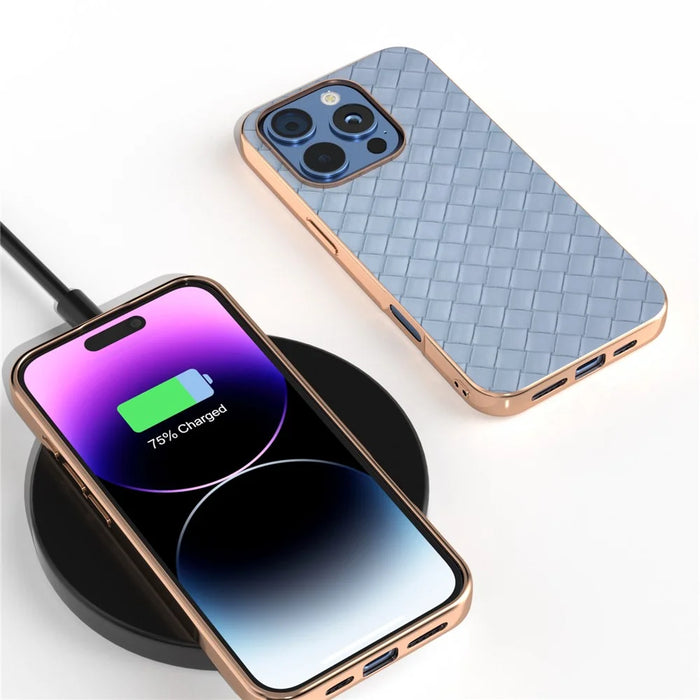 For iPhone 16 Pro Max Case Woven Texture Electroplating Edge Leather Coated PC+TPU Phone Cover - Baby Blue - 5