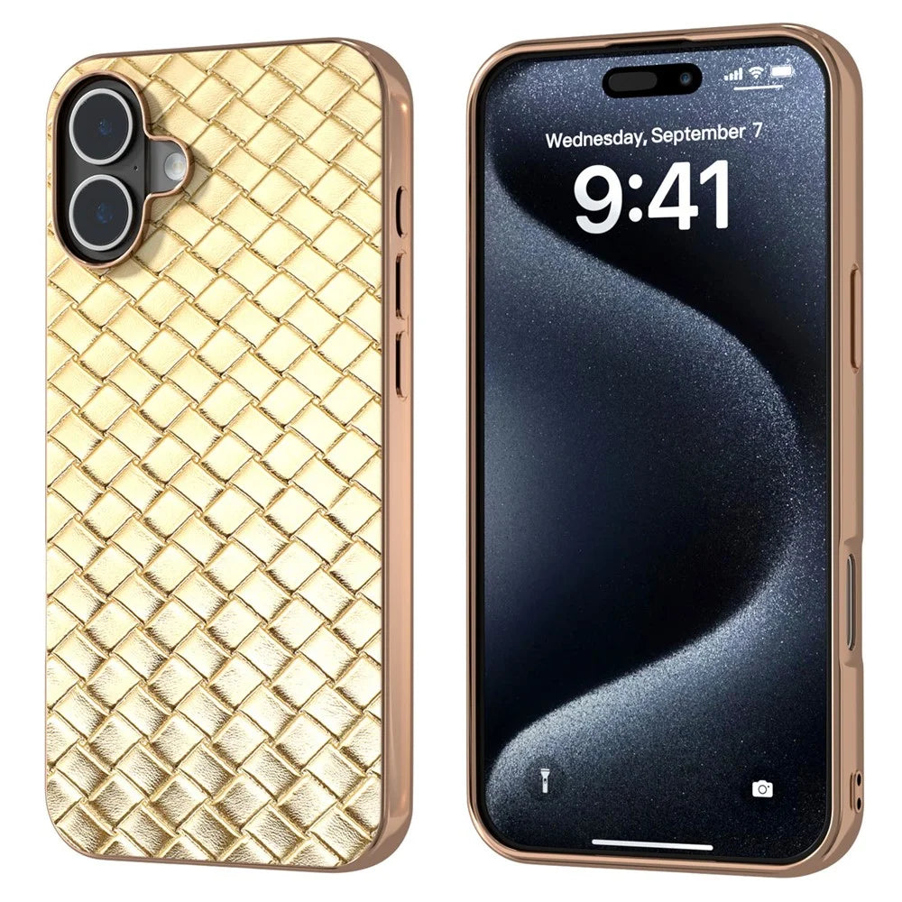 For iPhone 16 Plus Case Woven Texture Electroplating Edge Leather Coated PC+TPU Phone Cover - Gold - 1