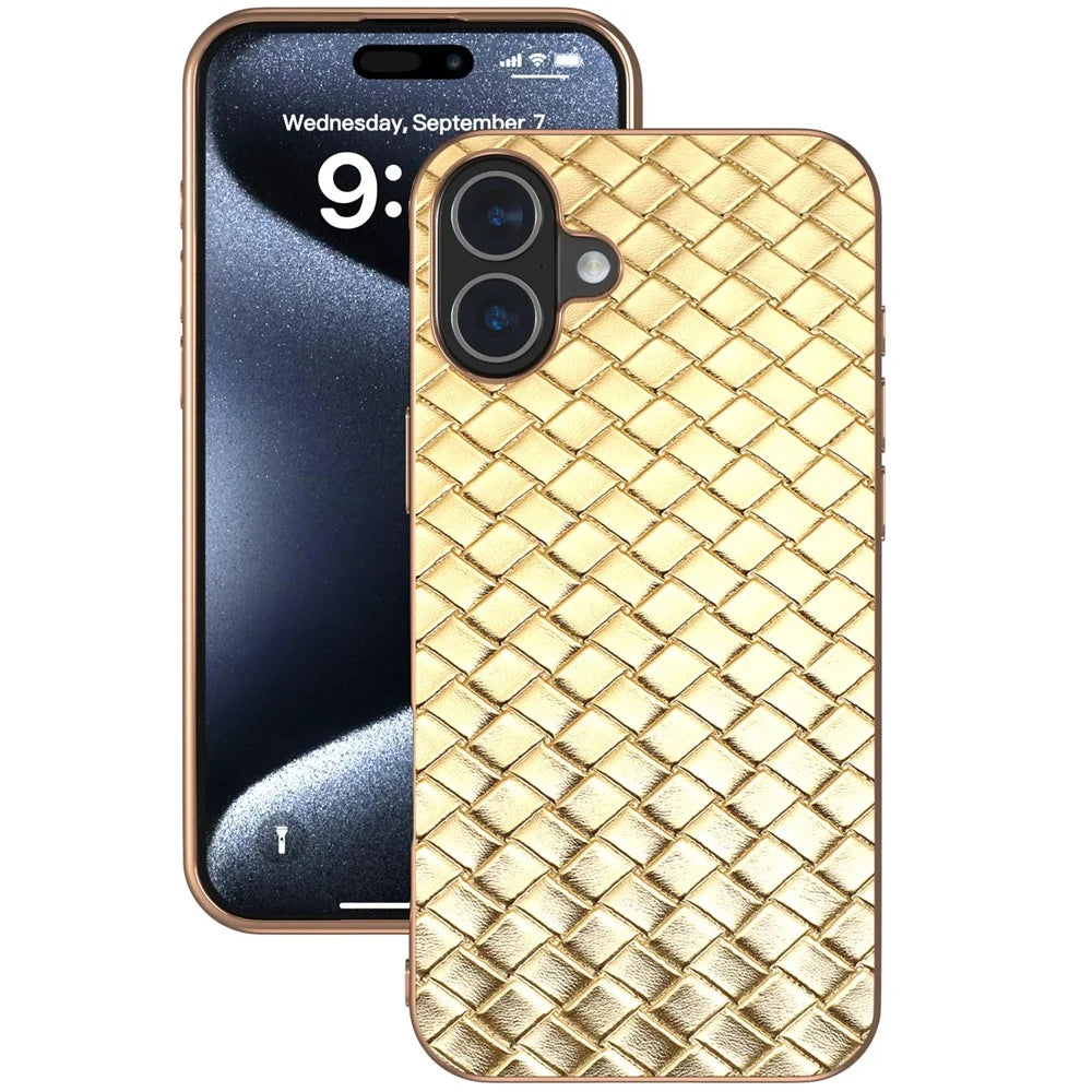 For iPhone 16 Plus Case Woven Texture Electroplating Edge Leather Coated PC+TPU Phone Cover - Gold - 2