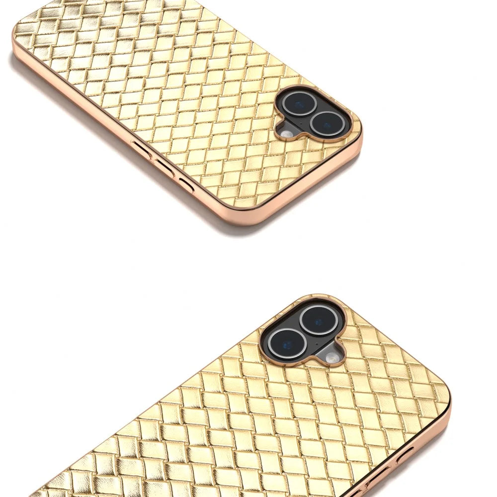 For iPhone 16 Plus Case Woven Texture Electroplating Edge Leather Coated PC+TPU Phone Cover - Gold - 3