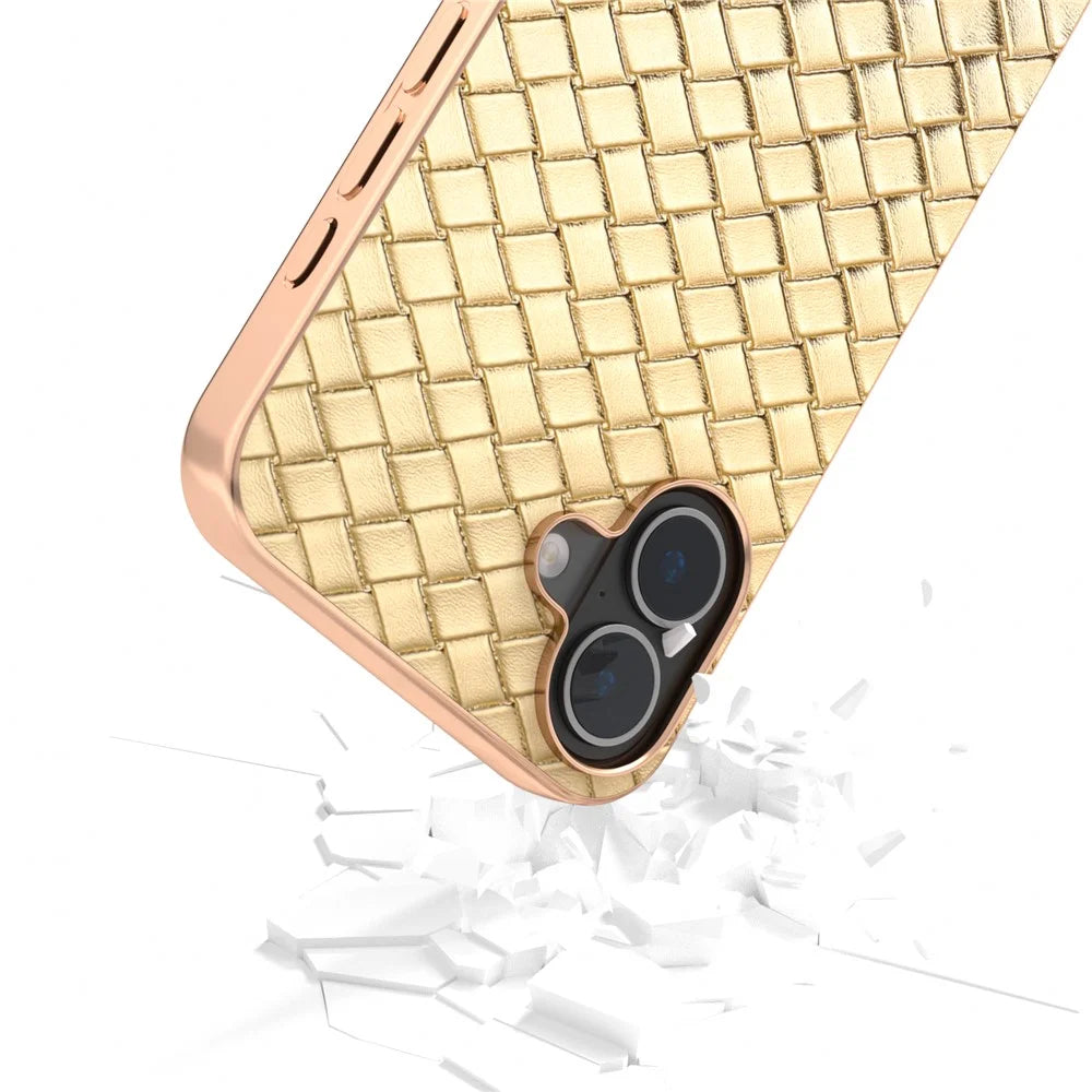 For iPhone 16 Plus Case Woven Texture Electroplating Edge Leather Coated PC+TPU Phone Cover - Gold - 4