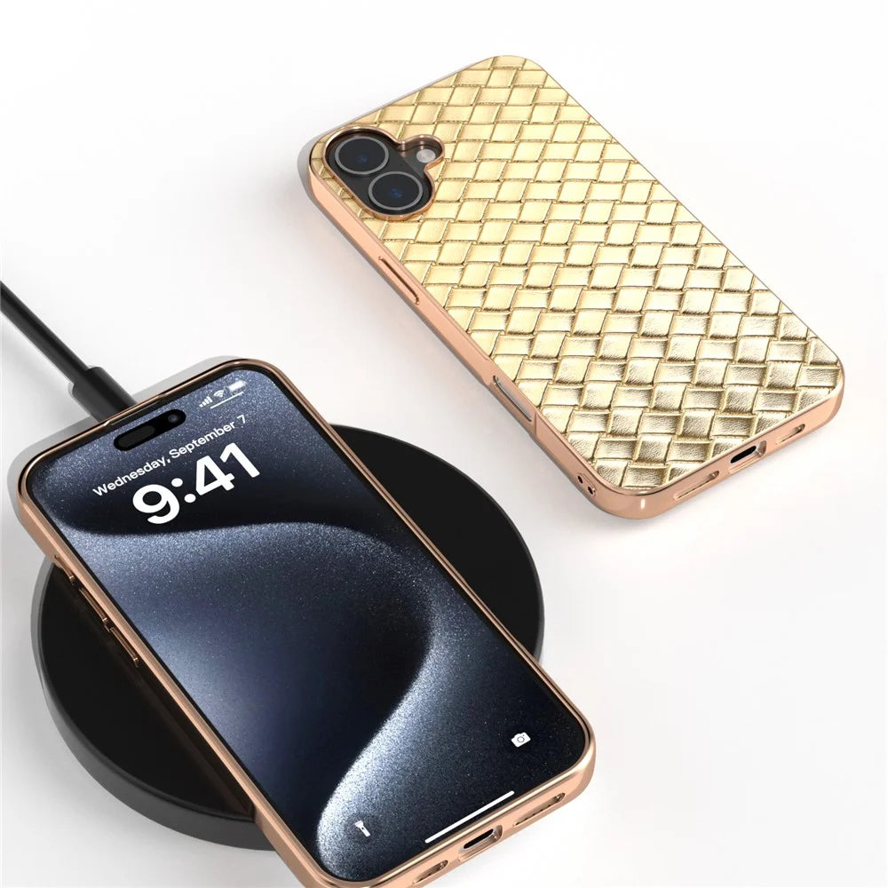 For iPhone 16 Plus Case Woven Texture Electroplating Edge Leather Coated PC+TPU Phone Cover - Gold - 5