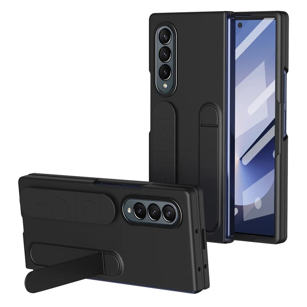 For Samsung Galaxy Z Fold3 5G Case with Tempered Glass Film Kickstand Wristband PC+Silicone Phone Cover - Black - 1