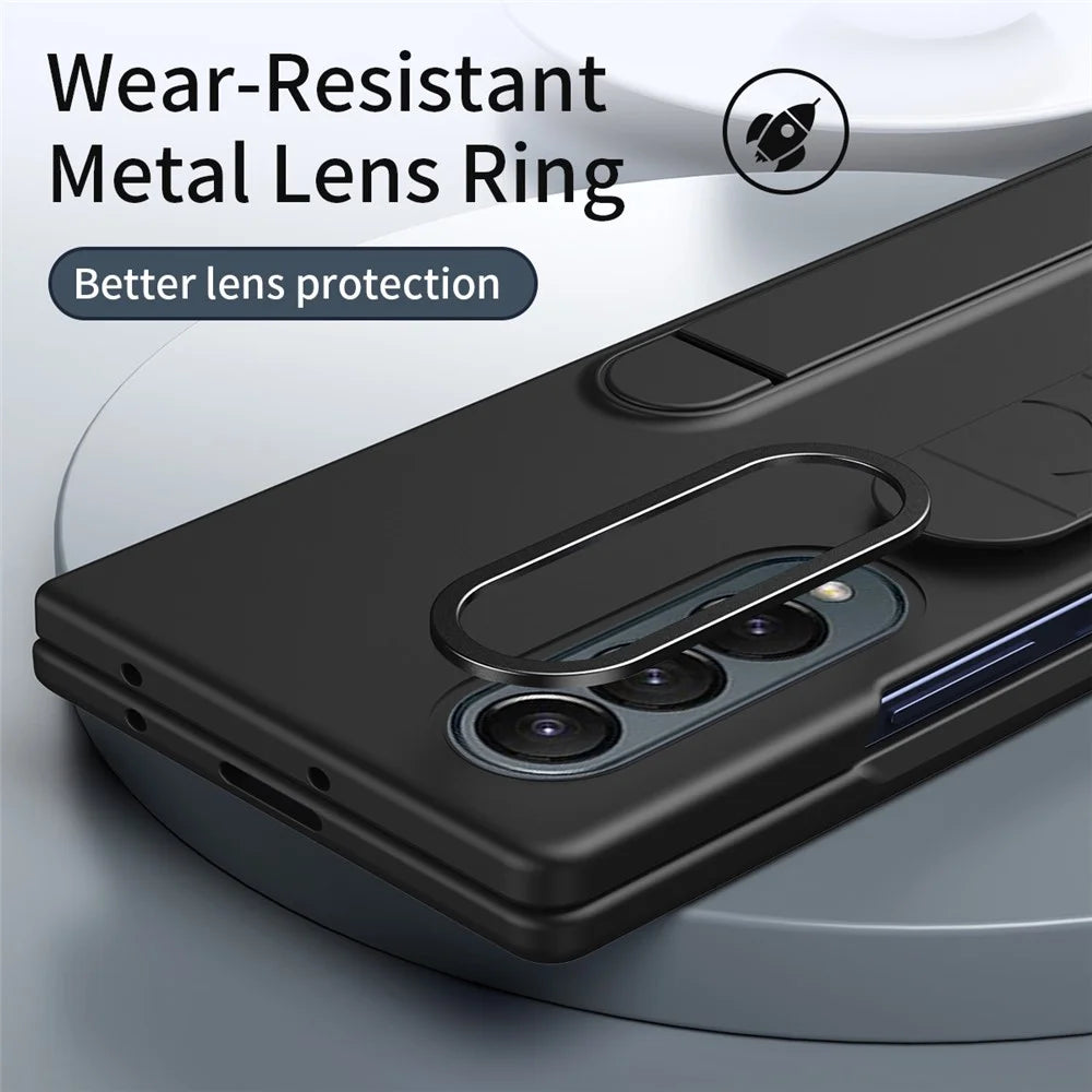 For Samsung Galaxy Z Fold3 5G Case with Tempered Glass Film Kickstand Wristband PC+Silicone Phone Cover - Black - 6