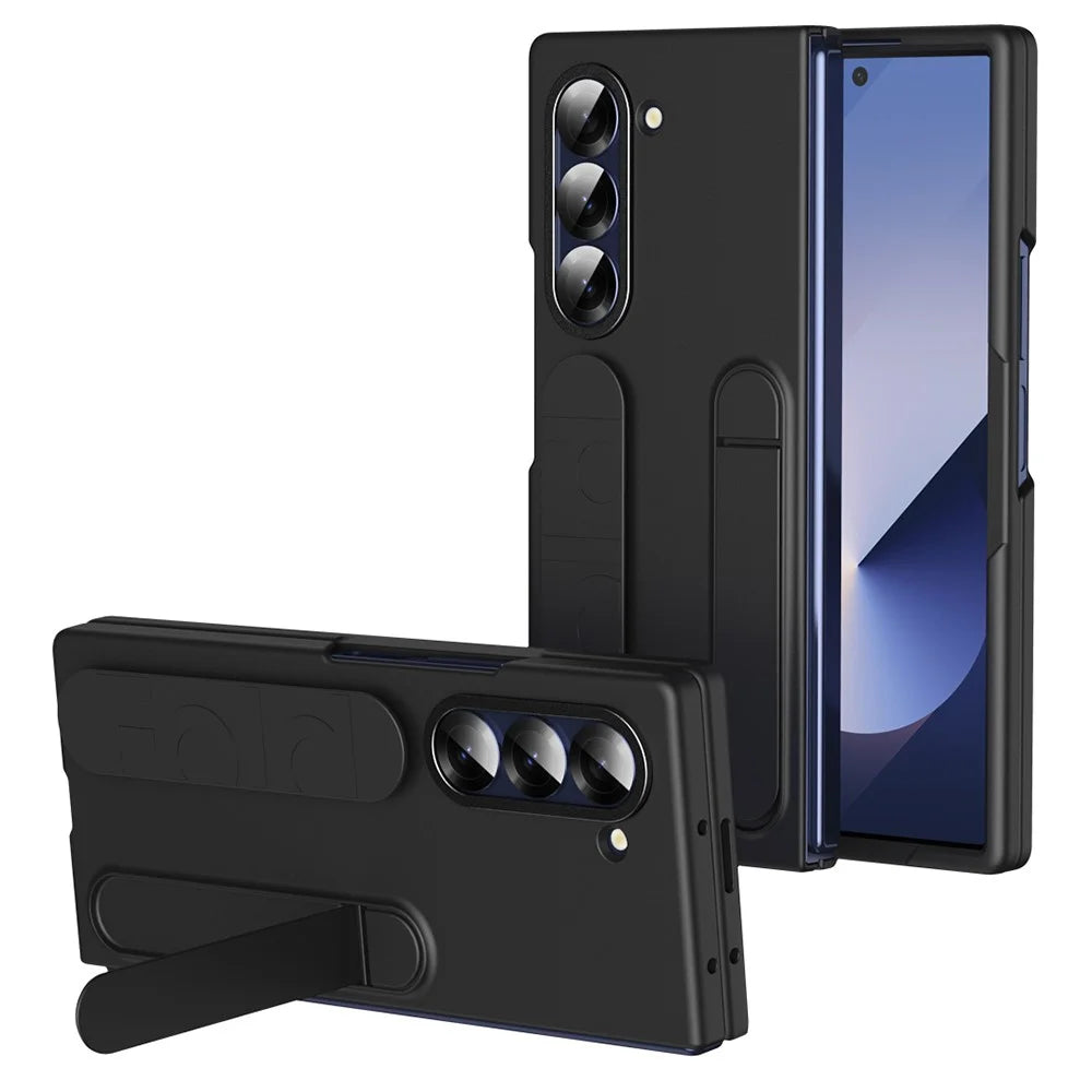 For Samsung Galaxy Z Fold6 5G Case Kickstand Wristband PC+Silicone Phone Cover - Black - 1