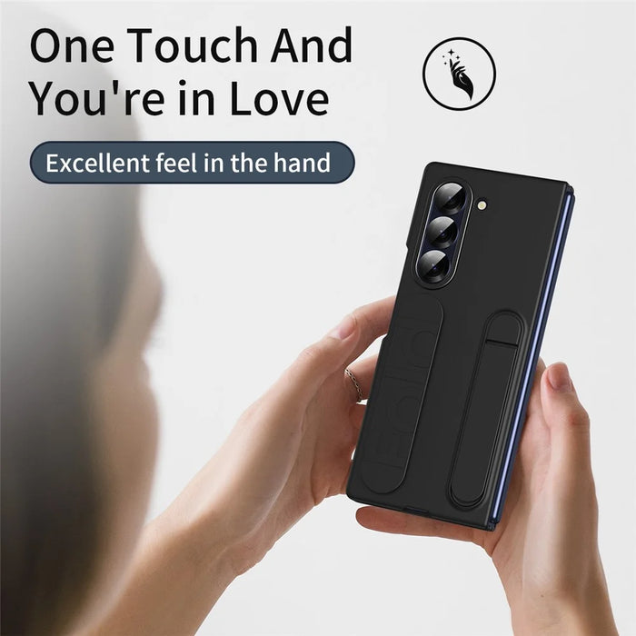 For Samsung Galaxy Z Fold6 5G Case Kickstand Wristband PC+Silicone Phone Cover - Black - 5