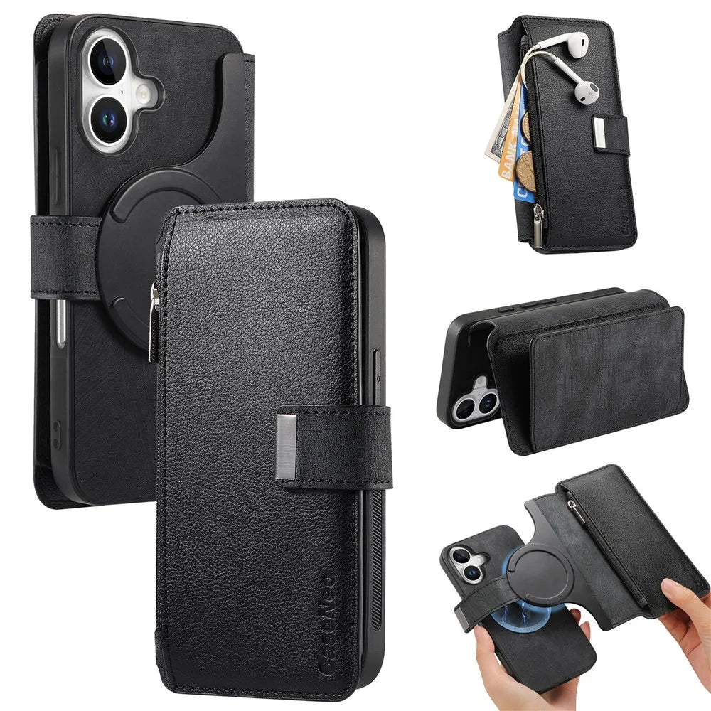 CASENEO MW-02 For iPhone 16 Plus Leather Case Detachable Magnetic Phone Cover - Black - 1