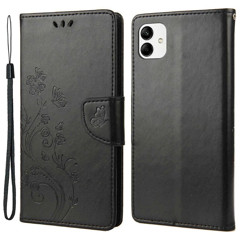 Shockproof PU Leather Case for Samsung Galaxy A04 4G (164.4 x 76.3 x 9.1 mm), Wallet Stand Imprinting Flower Butterflies Folio Flip Phone Cover with Strap - Black - 1