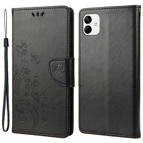 Shockproof PU Leather Case for Samsung Galaxy A04 4G (164.4 x 76.3 x 9.1 mm), Wallet Stand Imprinting Flower Butterflies Folio Flip Phone Cover with Strap - Black - 1