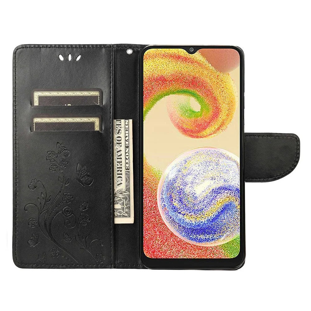 Shockproof PU Leather Case for Samsung Galaxy A04 4G (164.4 x 76.3 x 9.1 mm), Wallet Stand Imprinting Flower Butterflies Folio Flip Phone Cover with Strap - Black - 2