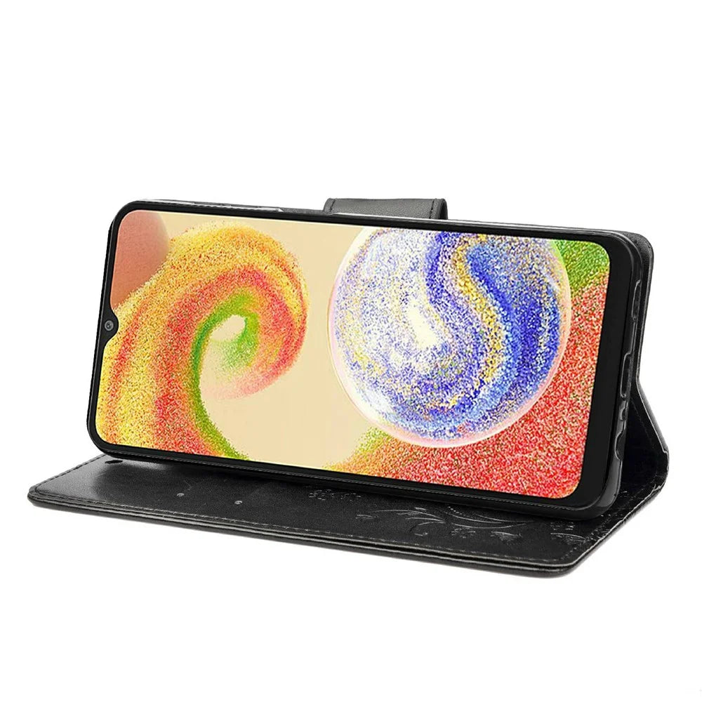 Shockproof PU Leather Case for Samsung Galaxy A04 4G (164.4 x 76.3 x 9.1 mm), Wallet Stand Imprinting Flower Butterflies Folio Flip Phone Cover with Strap - Black - 3