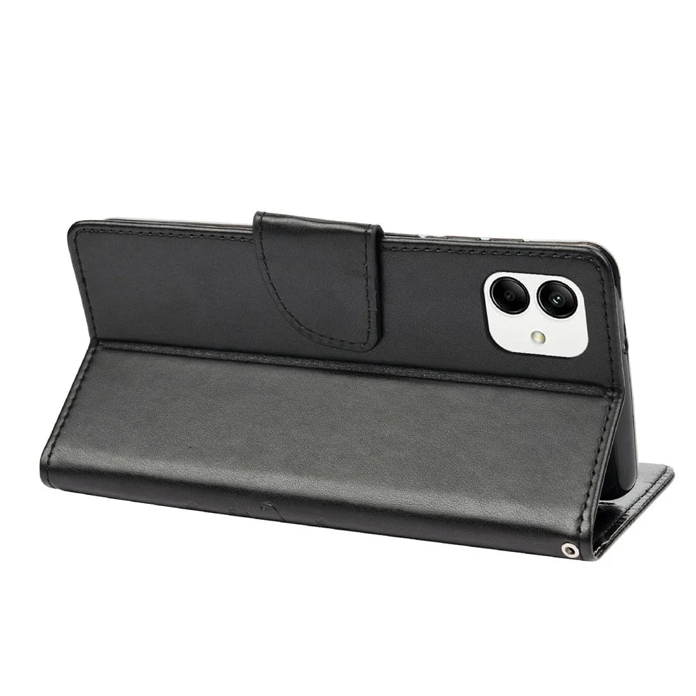Shockproof PU Leather Case for Samsung Galaxy A04 4G (164.4 x 76.3 x 9.1 mm), Wallet Stand Imprinting Flower Butterflies Folio Flip Phone Cover with Strap - Black - 4