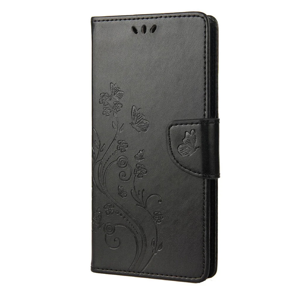 Shockproof PU Leather Case for Samsung Galaxy A04 4G (164.4 x 76.3 x 9.1 mm), Wallet Stand Imprinting Flower Butterflies Folio Flip Phone Cover with Strap - Black - 6