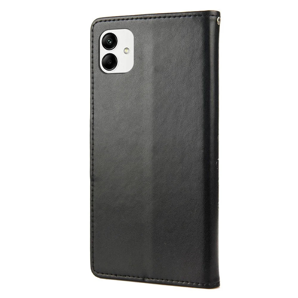 Shockproof PU Leather Case for Samsung Galaxy A04 4G (164.4 x 76.3 x 9.1 mm), Wallet Stand Imprinting Flower Butterflies Folio Flip Phone Cover with Strap - Black - 7