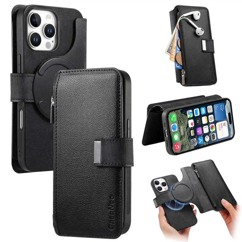 CASENEO MW-02 For iPhone 16 Pro Leather Case Detachable Magnetic Phone Cover - Black - 1