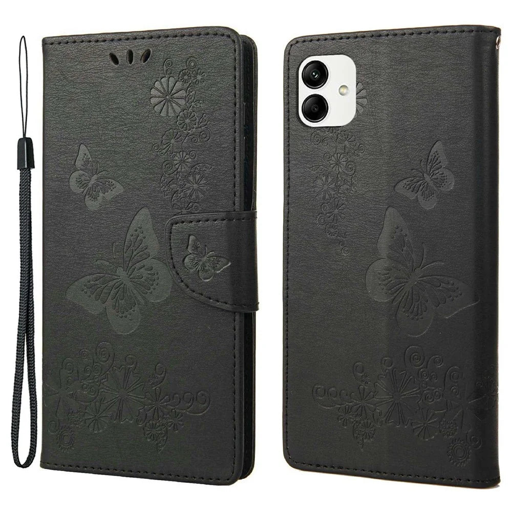 PU Leather Phone Case For Samsung Galaxy A04 4G (164.4 x 76.3 x 9.1 mm), Big Butterflies Flower Pattern Imprinting Magnetic Clasp Anti-fall Wallet Cover Stand with Strap - Black - 1