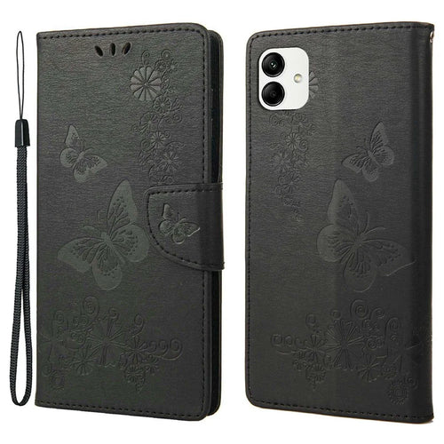 PU Leather Phone Case For Samsung Galaxy A04 4G (164.4 x 76.3 x 9.1 mm), Big Butterflies Flower Pattern Imprinting Magnetic Clasp Anti-fall Wallet Cover Stand with Strap - Black - 1