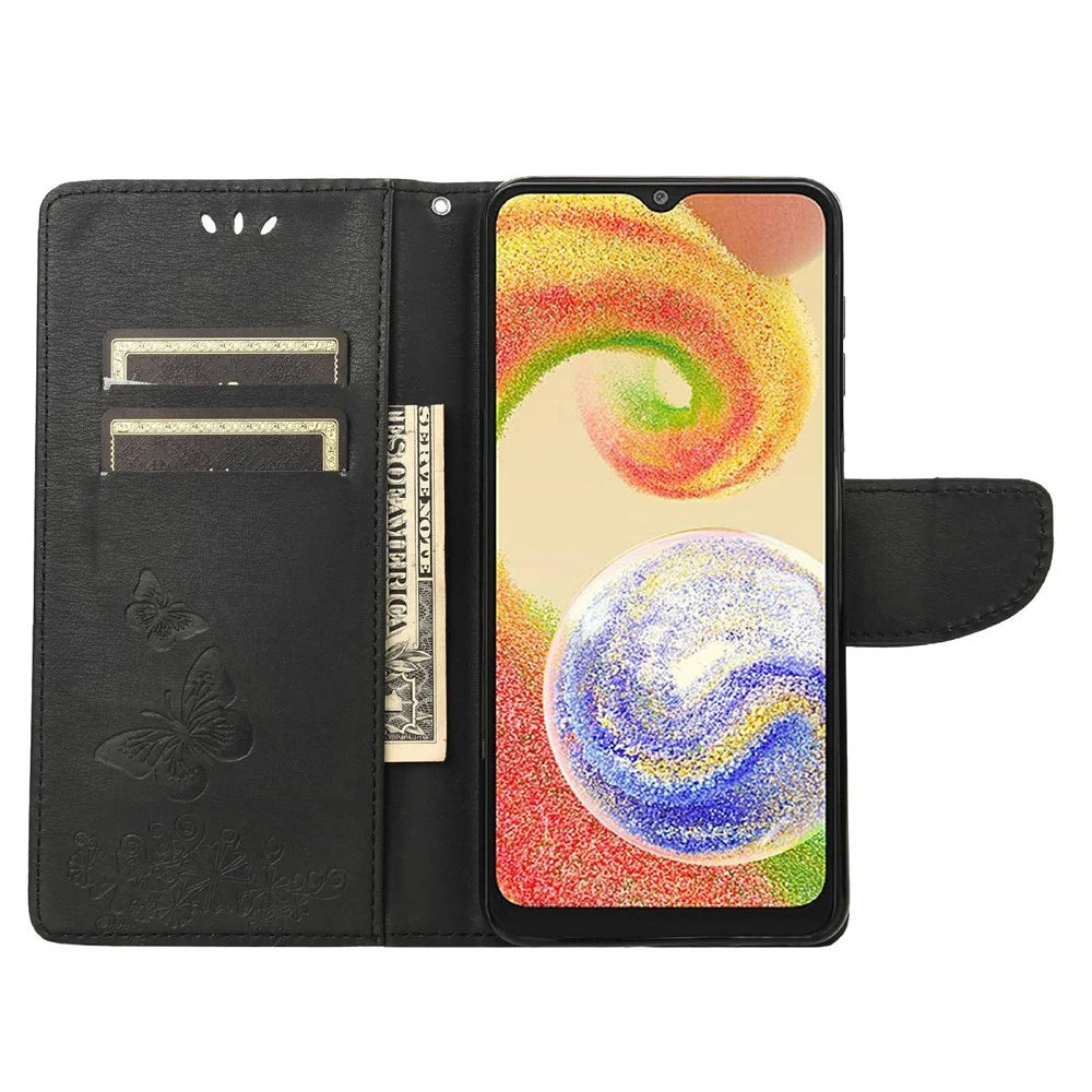PU Leather Phone Case For Samsung Galaxy A04 4G (164.4 x 76.3 x 9.1 mm), Big Butterflies Flower Pattern Imprinting Magnetic Clasp Anti-fall Wallet Cover Stand with Strap - Black - 2