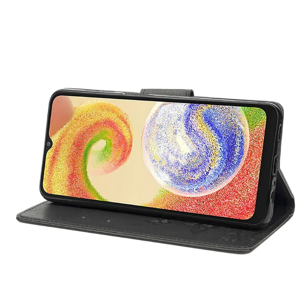 PU Leather Phone Case For Samsung Galaxy A04 4G (164.4 x 76.3 x 9.1 mm), Big Butterflies Flower Pattern Imprinting Magnetic Clasp Anti-fall Wallet Cover Stand with Strap - Black - 3