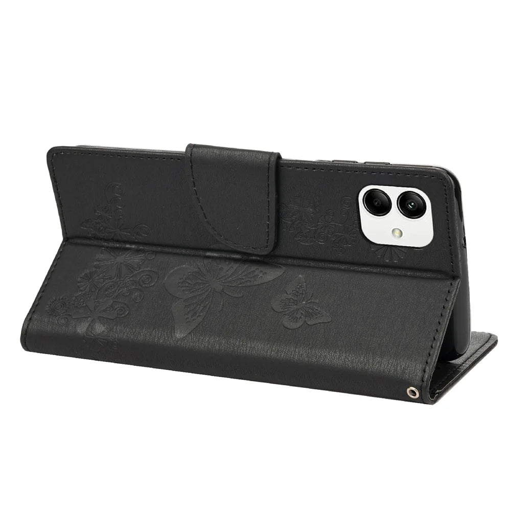 PU Leather Phone Case For Samsung Galaxy A04 4G (164.4 x 76.3 x 9.1 mm), Big Butterflies Flower Pattern Imprinting Magnetic Clasp Anti-fall Wallet Cover Stand with Strap - Black - 4