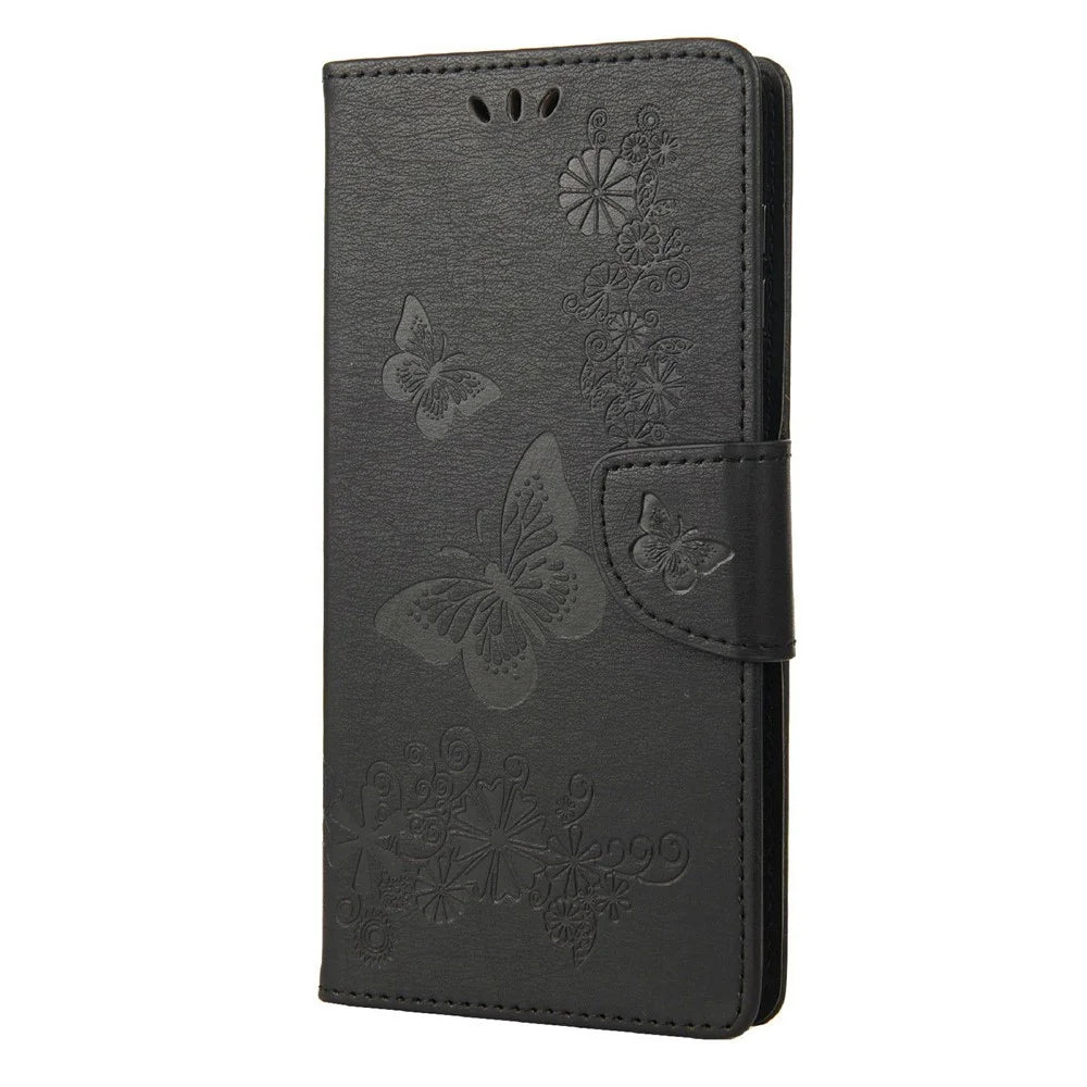 PU Leather Phone Case For Samsung Galaxy A04 4G (164.4 x 76.3 x 9.1 mm), Big Butterflies Flower Pattern Imprinting Magnetic Clasp Anti-fall Wallet Cover Stand with Strap - Black - 6