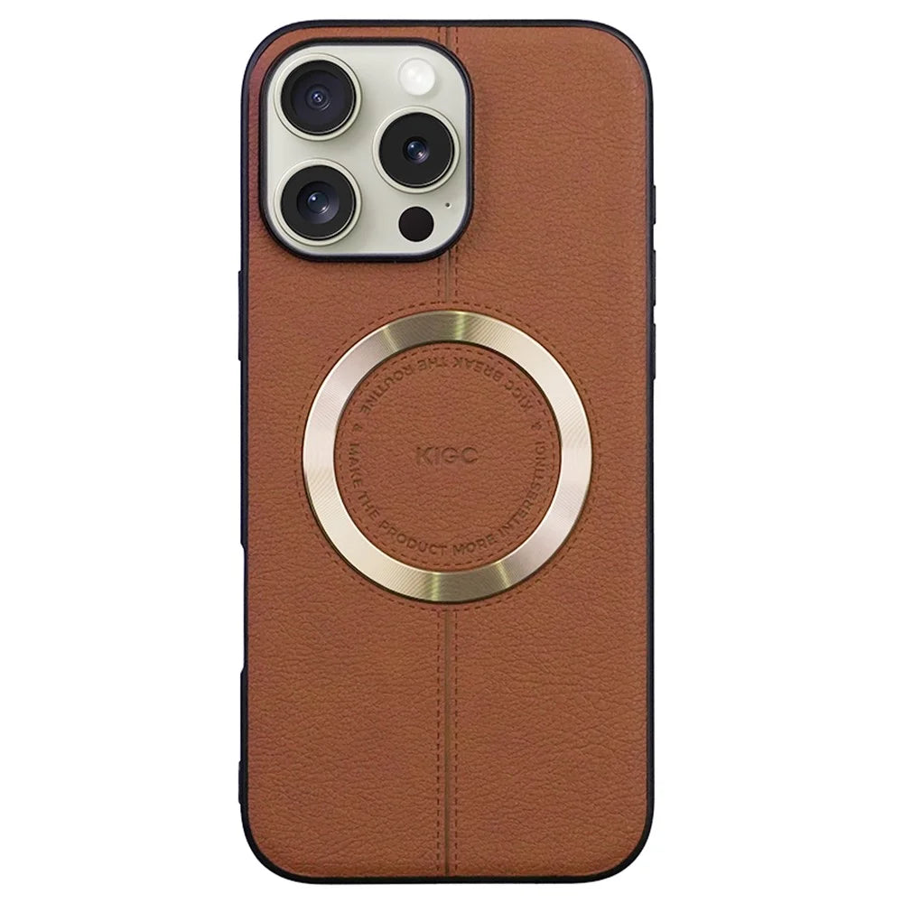 KIGC For iPhone 16 Pro Case Compatible with MagSafe Litchi Texture Leather Coated PC+TPU Phone Cover - Brown - 1
