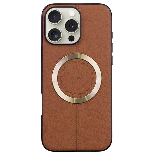 KIGC For iPhone 16 Pro Case Compatible with MagSafe Litchi Texture Leather Coated PC+TPU Phone Cover - Brown - 1