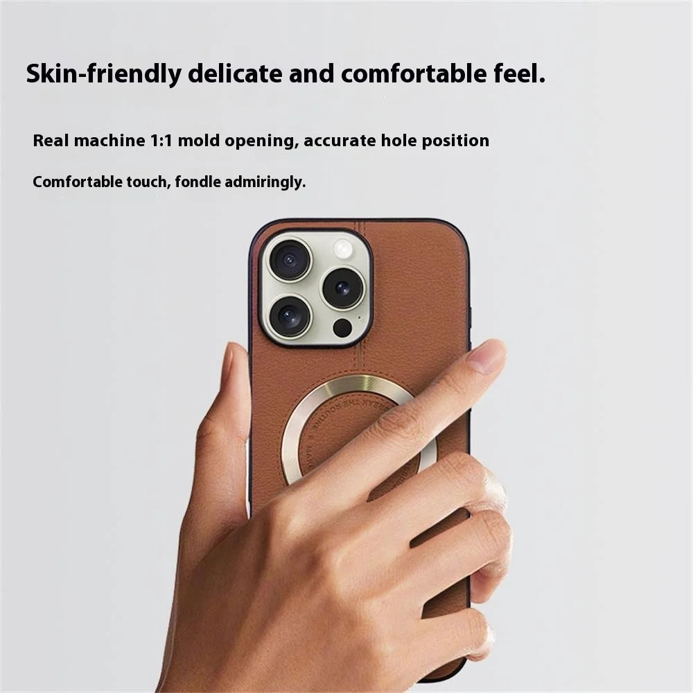KIGC For iPhone 16 Pro Case Compatible with MagSafe Litchi Texture Leather Coated PC+TPU Phone Cover - Brown - 2