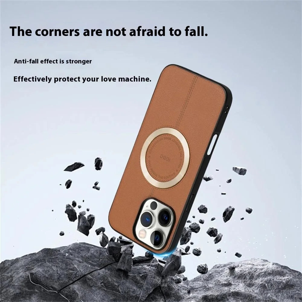 KIGC For iPhone 16 Pro Case Compatible with MagSafe Litchi Texture Leather Coated PC+TPU Phone Cover - Brown - 3