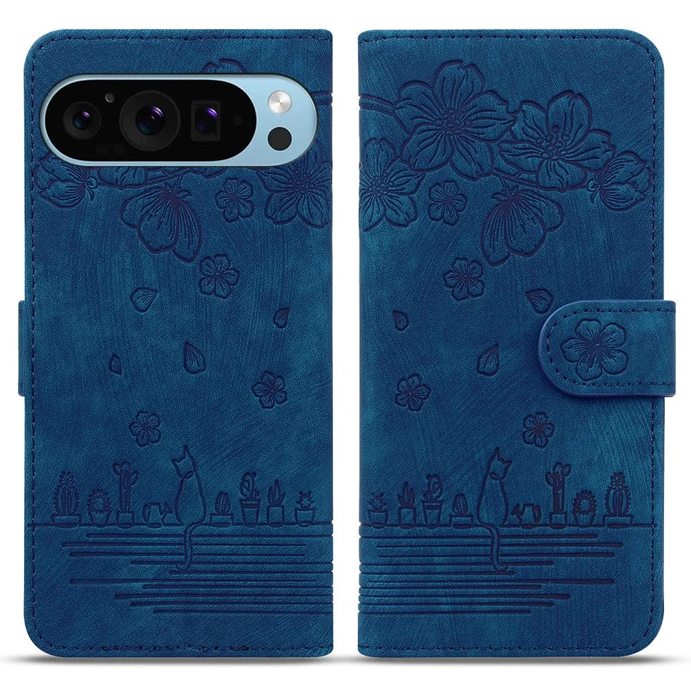 For Google Pixel 10 Pro / Pixel 10 / Pixel 9 Pro / Pixel 9 Case Flip Stand Leather Phone Cover Cherry Blossom Cat Imprinted - Blue - 1