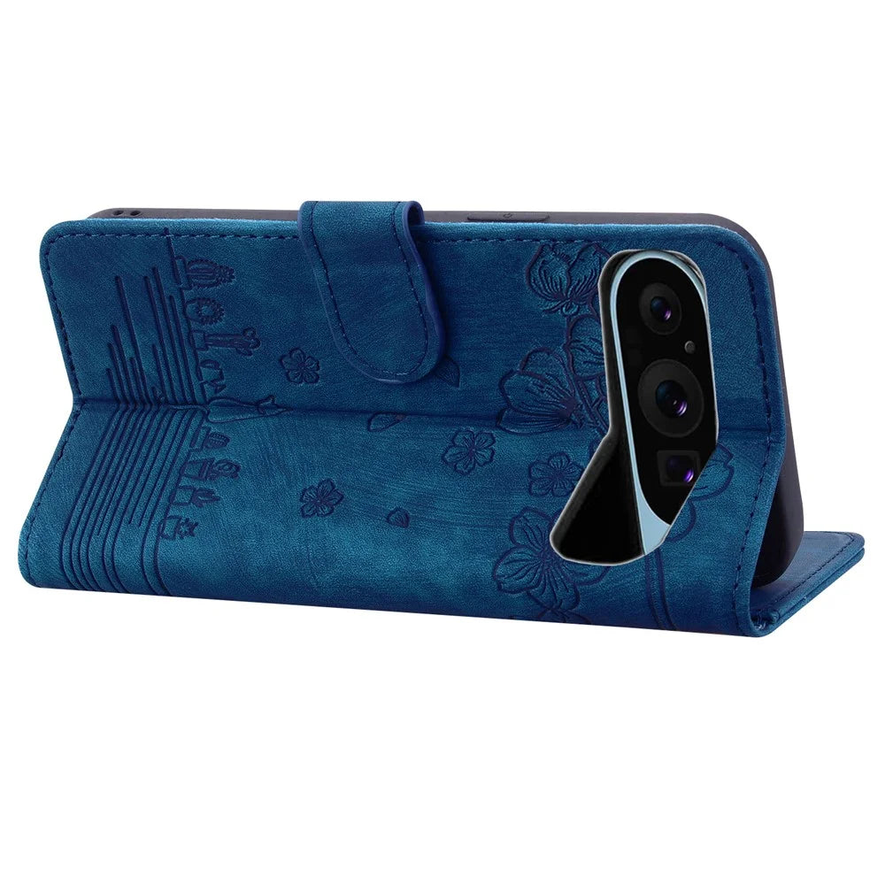 For Google Pixel 10 Pro / Pixel 10 / Pixel 9 Pro / Pixel 9 Case Flip Stand Leather Phone Cover Cherry Blossom Cat Imprinted - Blue - 2