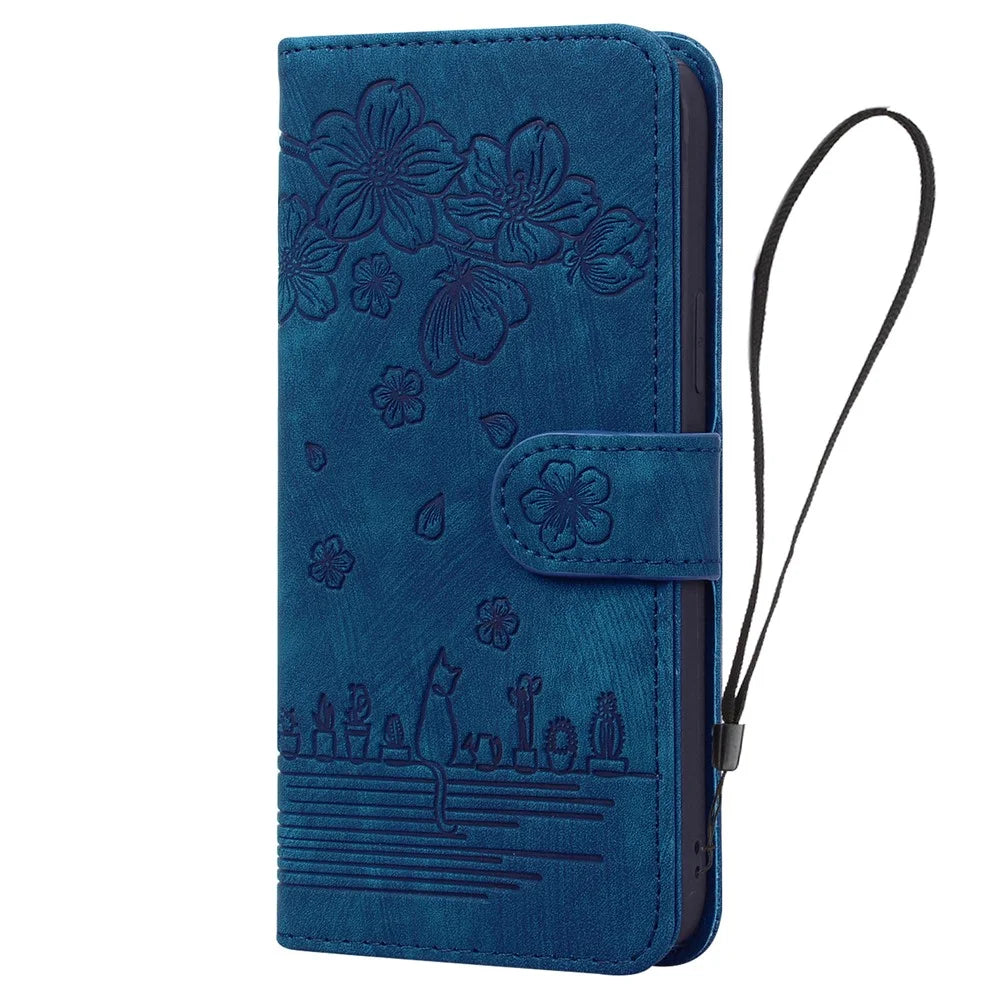 For Google Pixel 10 Pro / Pixel 10 / Pixel 9 Pro / Pixel 9 Case Flip Stand Leather Phone Cover Cherry Blossom Cat Imprinted - Blue - 5