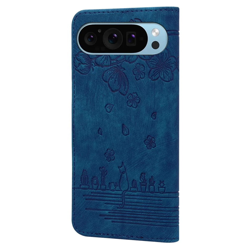 For Google Pixel 10 Pro / Pixel 10 / Pixel 9 Pro / Pixel 9 Case Flip Stand Leather Phone Cover Cherry Blossom Cat Imprinted - Blue - 6