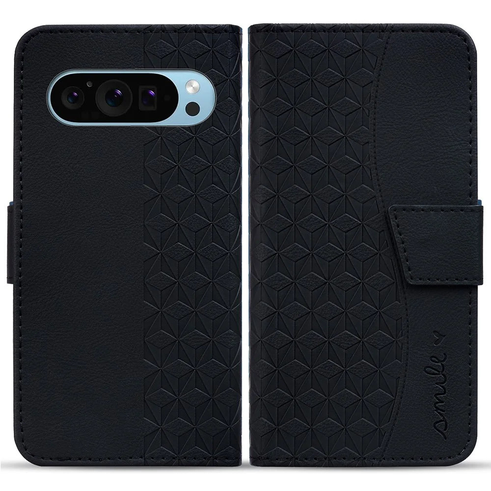 For Google Pixel 10 Pro / Pixel 10 / Pixel 9 Pro / Pixel 9 Case Rhombus Pattern Leather Wallet Phone Cover - Black - 1