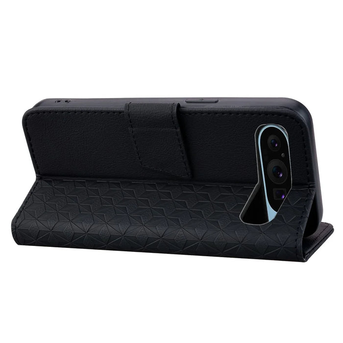 For Google Pixel 10 Pro / Pixel 10 / Pixel 9 Pro / Pixel 9 Case Rhombus Pattern Leather Wallet Phone Cover - Black - 2