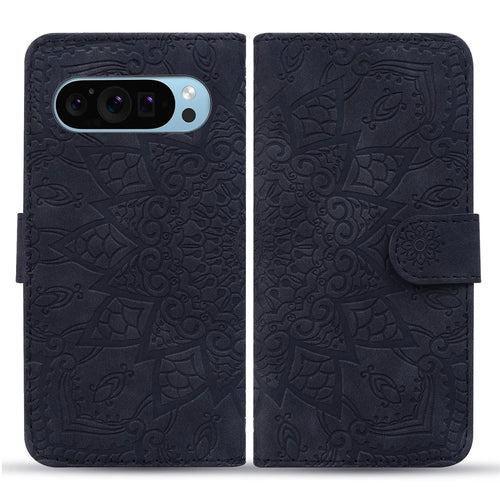 For Google Pixel 10 Pro XL / 9 Pro XL Case PU Leather Wallet Flip Phone Cover Flower Imprinted - Black - 1