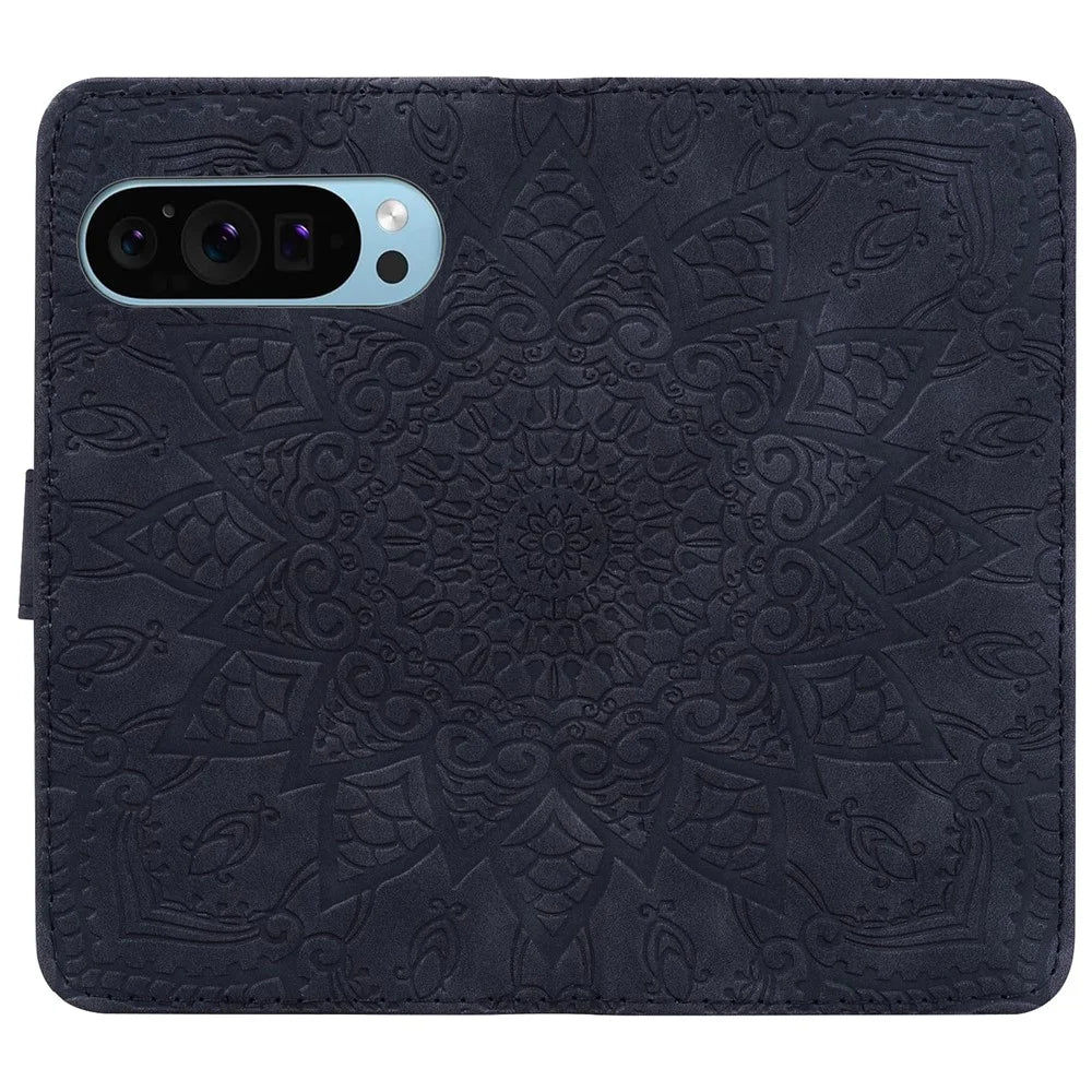 For Google Pixel 10 Pro XL / 9 Pro XL Case PU Leather Wallet Flip Phone Cover Flower Imprinted - Black - 5