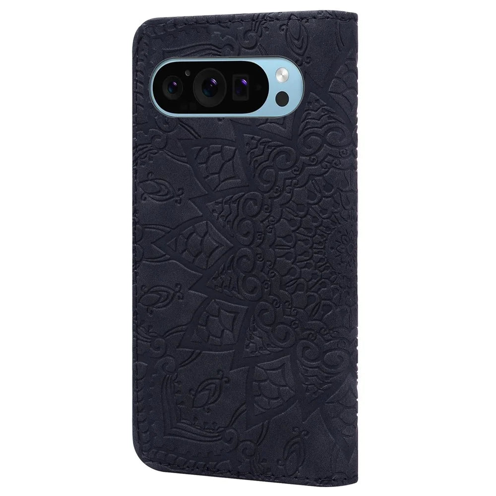 For Google Pixel 10 Pro XL / 9 Pro XL Case PU Leather Wallet Flip Phone Cover Flower Imprinted - Black - 7