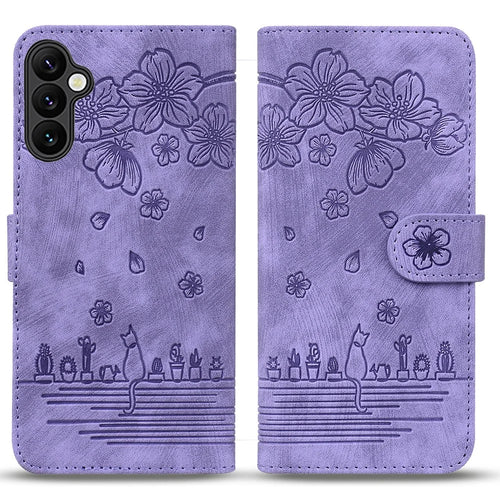 For Samsung Galaxy A16 5G / A16 4G Case Flip Stand Leather Phone Cover Cherry Blossom Cat Imprinted - Purple - 1