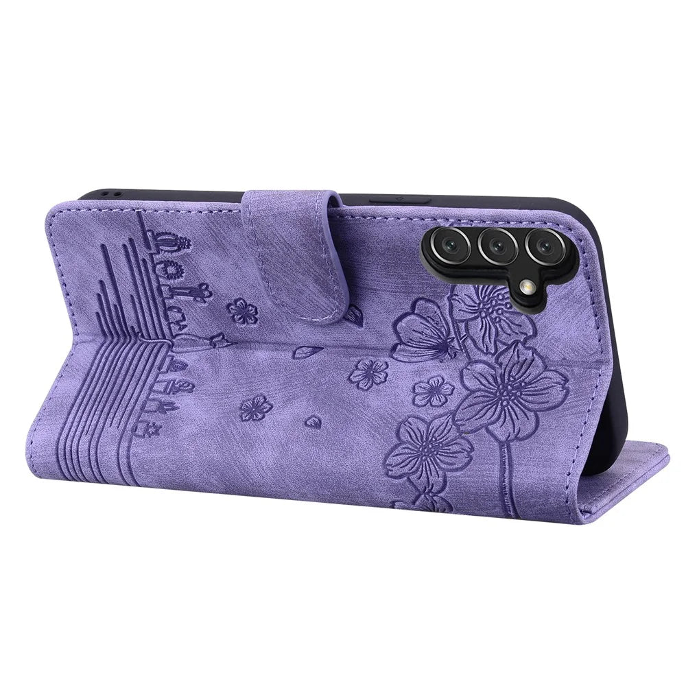 For Samsung Galaxy A16 5G / A16 4G Case Flip Stand Leather Phone Cover Cherry Blossom Cat Imprinted - Purple - 2