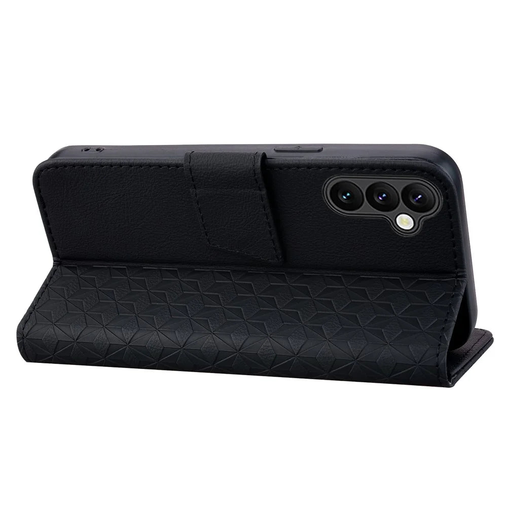 For Samsung Galaxy A16 5G / A16 4G Case Rhombus Pattern Leather Wallet Phone Cover - Black - 2