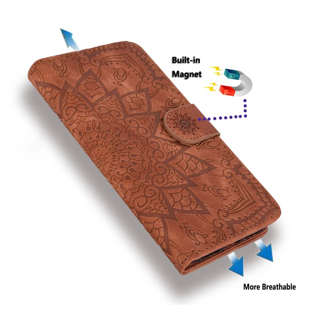 For Samsung Galaxy A16 5G / A16 4G Case PU Leather Wallet Flip Phone Cover Flower Imprinted - Brown - 6