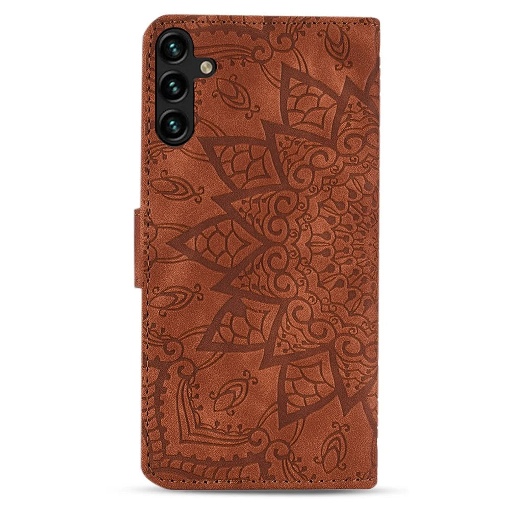 For Samsung Galaxy A16 5G / A16 4G Case PU Leather Wallet Flip Phone Cover Flower Imprinted - Brown - 7