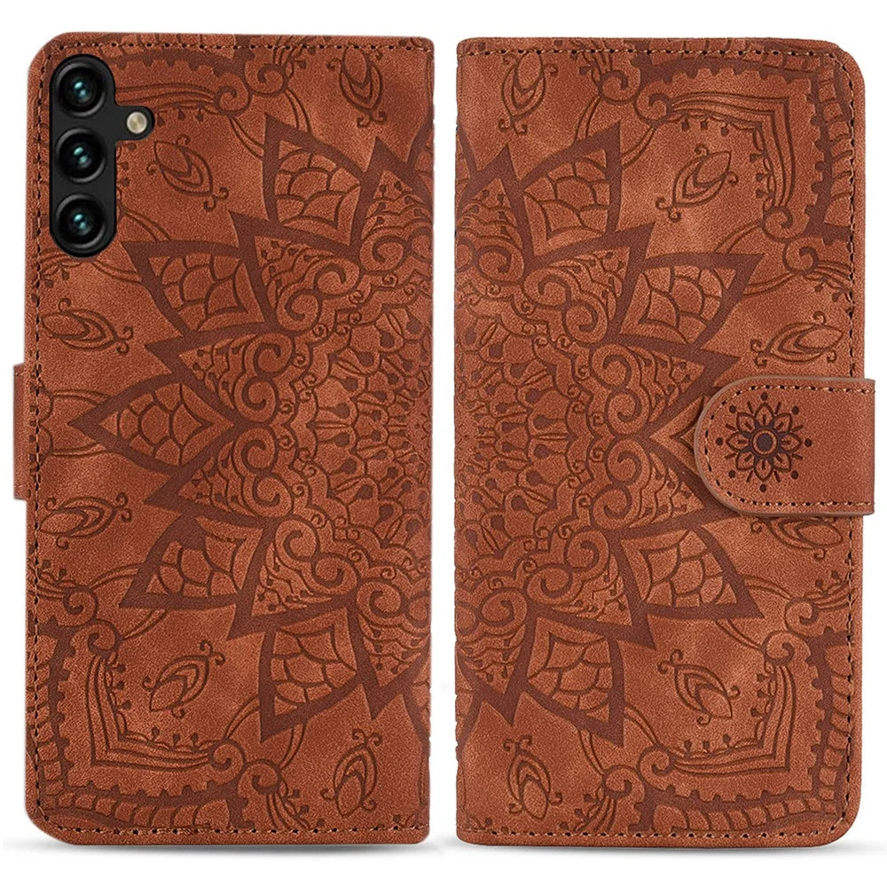 For Samsung Galaxy S24 FE Case PU Leather Wallet Flip Phone Cover Flower Imprinted - Brown - 1