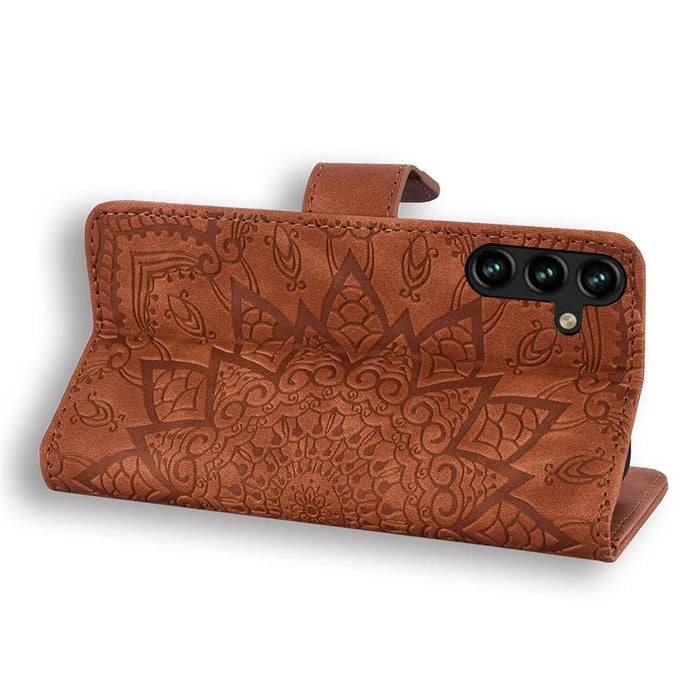 For Samsung Galaxy S24 FE Case PU Leather Wallet Flip Phone Cover Flower Imprinted - Brown - 2