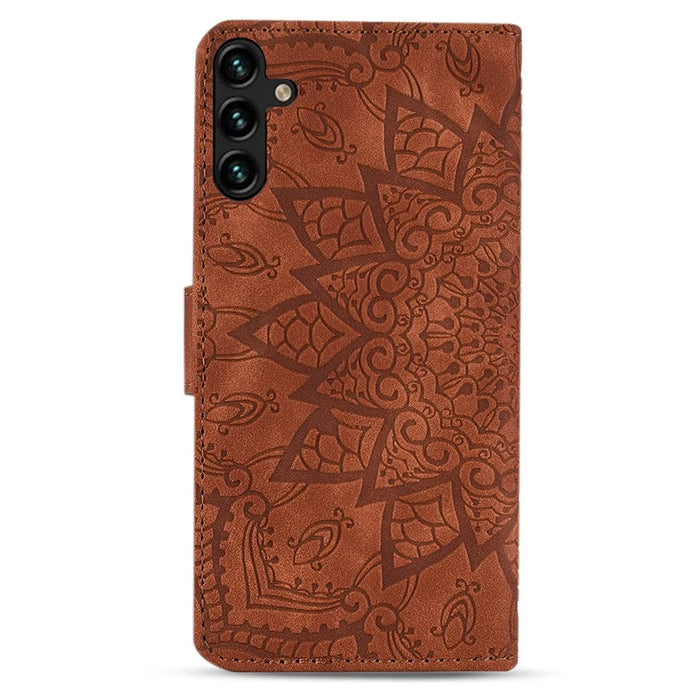 For Samsung Galaxy S24 FE Case PU Leather Wallet Flip Phone Cover Flower Imprinted - Brown - 7