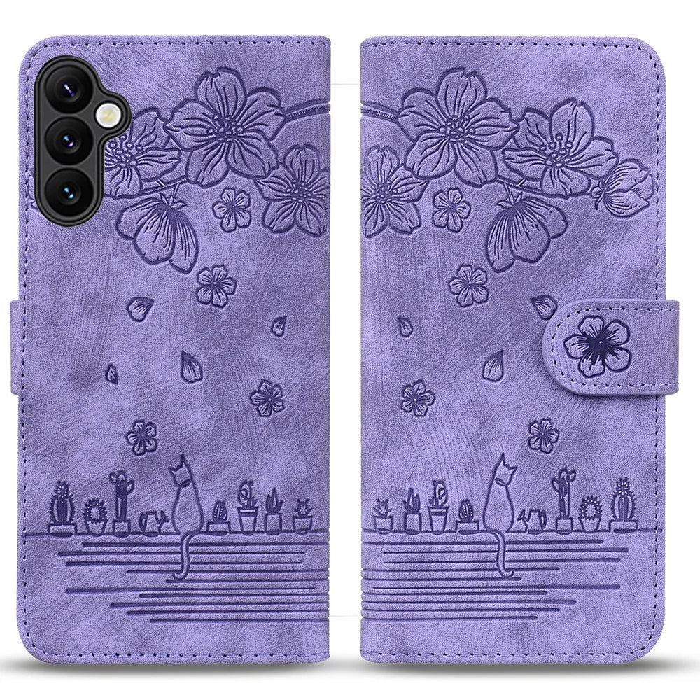 For Samsung Galaxy S24 FE Case Flip Stand Leather Phone Cover Cherry Blossom Cat Imprinted - Purple - 1