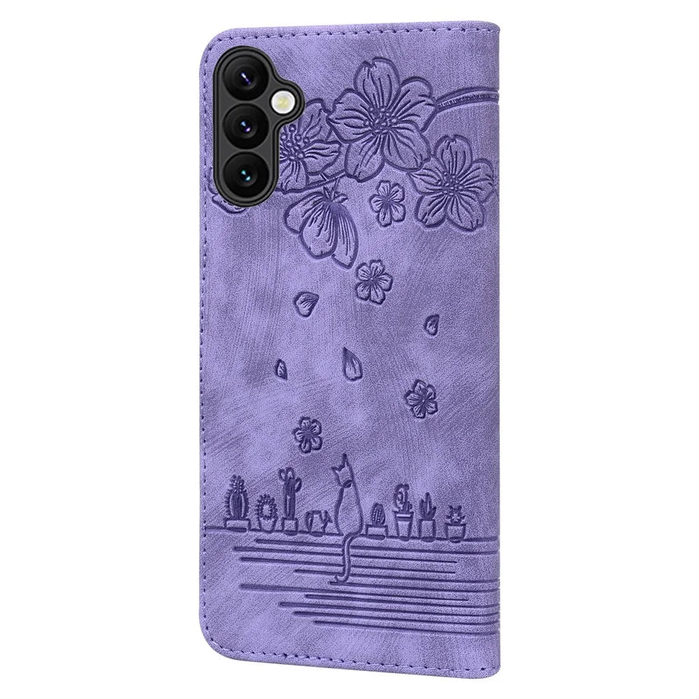 For Samsung Galaxy S24 FE Case Flip Stand Leather Phone Cover Cherry Blossom Cat Imprinted - Purple - 6