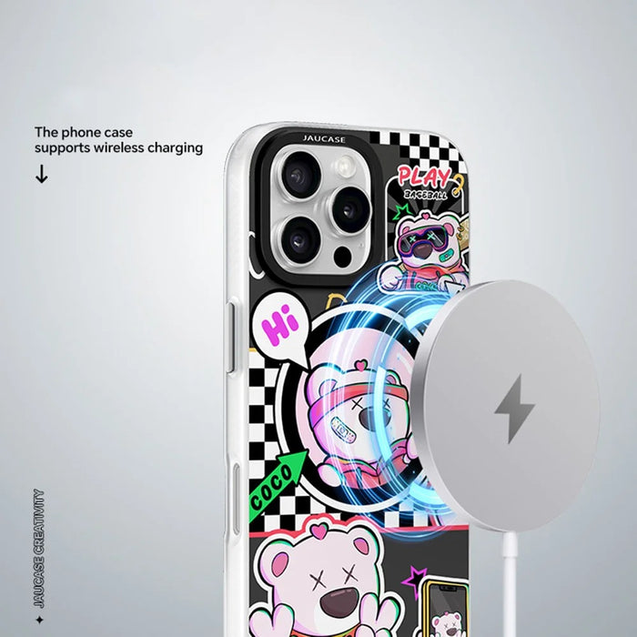 JAUCASE For iPhone 16 Pro Case Compatible with MagSafe Bear Pattern PC+TPU Matte Phone Cover - Baseball Bear - 2